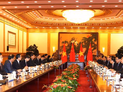 Hội đàm giữa Chủ tịch nước Trương Tấn Sang và Chủ tịch nước CHND Trung Hoa Tập Cận Bình. Ảnh: vov.vn