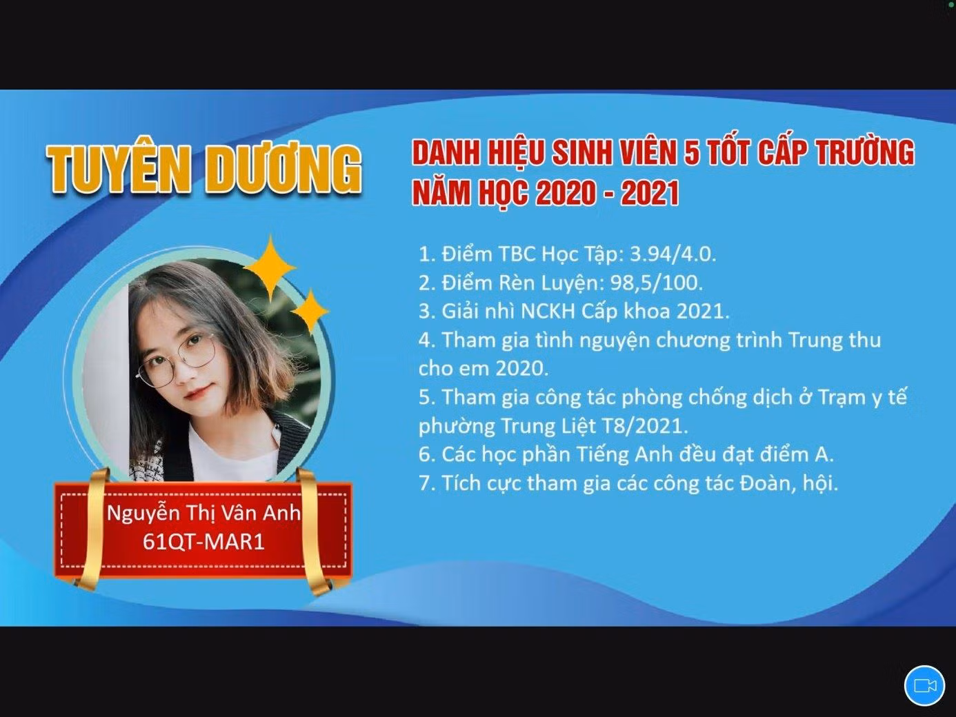 Bảng thành tích ấn tượng của Vân Anh trong năm học 2020 - 2021.