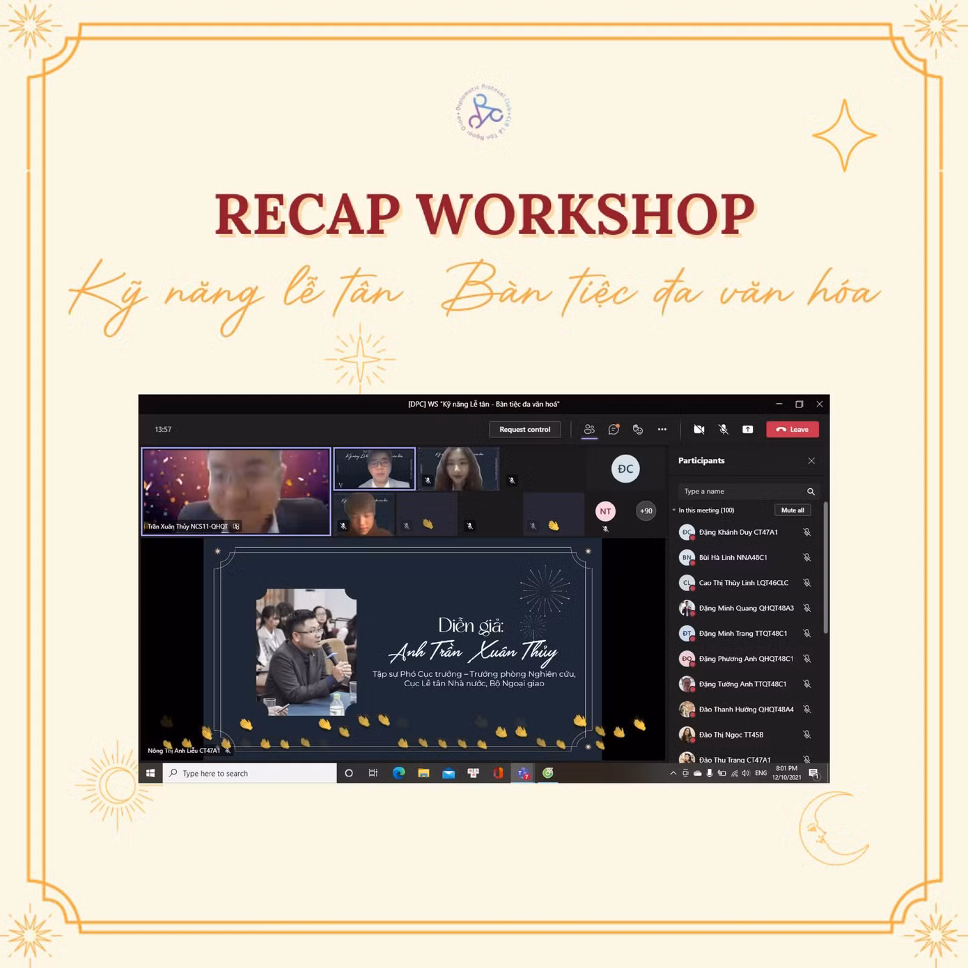 Workshop "Bàn tiệc đa văn hóa" với diễn giả Trần Xuân Thuỷ - Tập sự Phó Cục trưởng Cục lễ tân Nhà nước, Bộ Ngoại giao. Workshop "Bàn tiệc đa văn hóa" với diễn giả Trần Xuân Thuỷ - Tập sự Phó Cục trưởng Cục lễ tân Nhà nước, Bộ Ngoại giao.