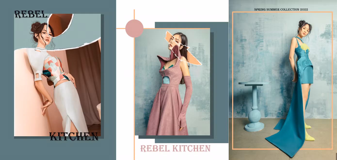BST Rebel Kitchen, tác giả Vũ Thị Thùy Linh. Lấy cảm hứng từ một công trình nội thất của nhà thiết kế Tây Ban Nha - PATRICIA BUSTOS DE LA TORRE. Một nền ẩm thực lãng mạn và gợi cảm khẳng định sự kỳ lạ và tự nhiên của Nhật Bản, nhưng với không khí trong lành và mát mẻ của những môi trường tiên phong nhất ở Milan. BST mang kiểu dáng hiện đại năng động, hướng nổi loạn, màu sắc trẻ trung.