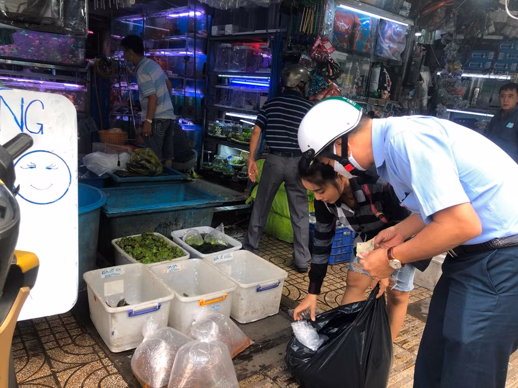 Nhiều tiệm còn chuẩn bị sẵn cá trong các bịch lớn được thổi oxy, mỗi bịch dao động từ 70.000-100.000 đồng, người dân thường mua để phóng sinh trong ngày này. Nhiều tiệm còn chuẩn bị sẵn cá trong các bịch lớn được thổi oxy, mỗi bịch dao động từ 70.000-100.000 đồng, người dân thường mua để phóng sinh trong ngày này.