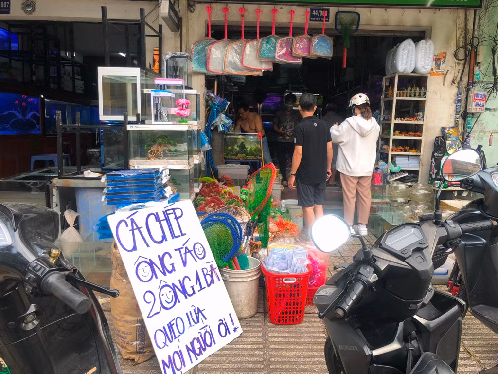 Các tiệm bán cá chép tấp nập khách từ buổi chiều tối ngày 22 tháng Chạp. Các tiệm bán cá chép tấp nập khách từ buổi chiều tối ngày 22 tháng Chạp.