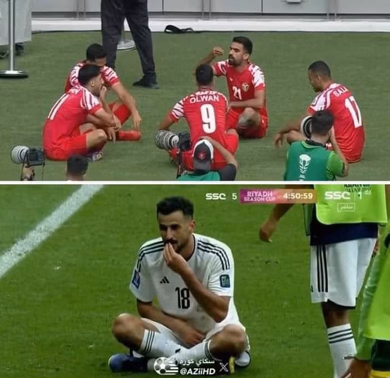 Hussein dùng tay trái để "cà khịa" màn ăn mừng của Jordan