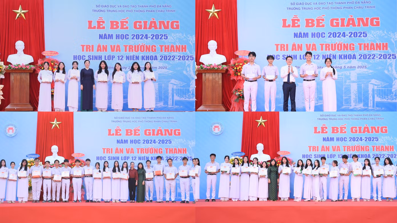 Khen thưởng những học sinh đạt giải thưởng và có thành tích tốt. Ảnh: Facebook Đoàn trường THPT Phan Châu Trinh.