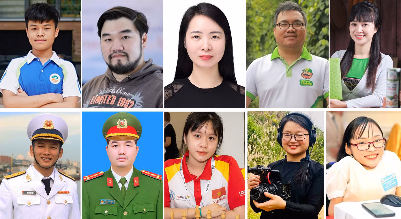 10 Gương mặt trẻ Việt Nam triển vọng 2022: Trần Xuân Bách, Chu Đức Hà, Lê Thị Phương, Đặng Dương Minh Hoàng, Nguyễn Thị Thu Hoa, Vũ Trung Kiên, Vũ Ngọc Trường, Nguyễn Thiên Ngân, Hà Lệ Diễm, Nguyễn Thị Ngọc Tâm (thứ tự từ trái sang phải, từ trên xuống dưới). 10 Gương mặt trẻ Việt Nam triển vọng 2022: Trần Xuân Bách, Chu Đức Hà, Lê Thị Phương, Đặng Dương Minh Hoàng, Nguyễn Thị Thu Hoa, Vũ Trung Kiên, Vũ Ngọc Trường, Nguyễn Thiên Ngân, Hà Lệ Diễm, Nguyễn Thị Ngọc Tâm (thứ tự từ trái sang phải, từ trên xuống dưới).