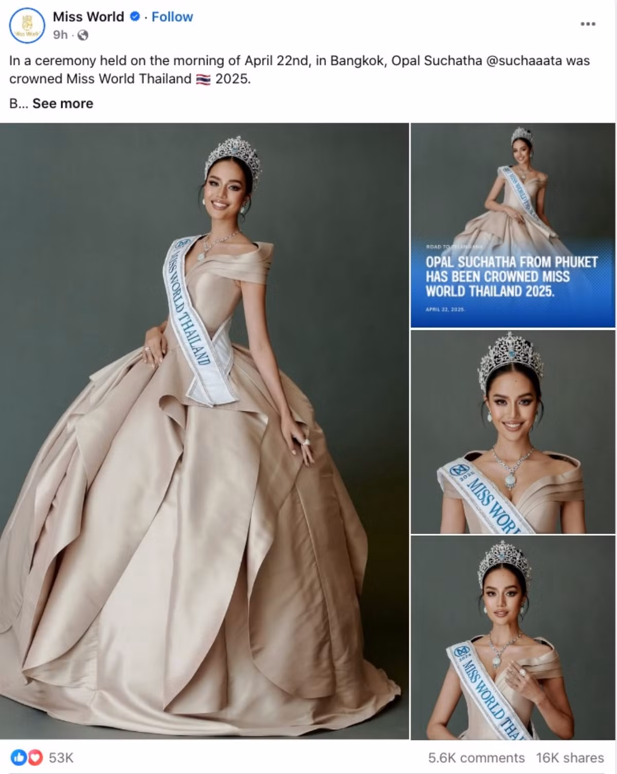 Hình ảnh của Opal trên trang chủ Miss World nhận được sự tương tác cực lớn.