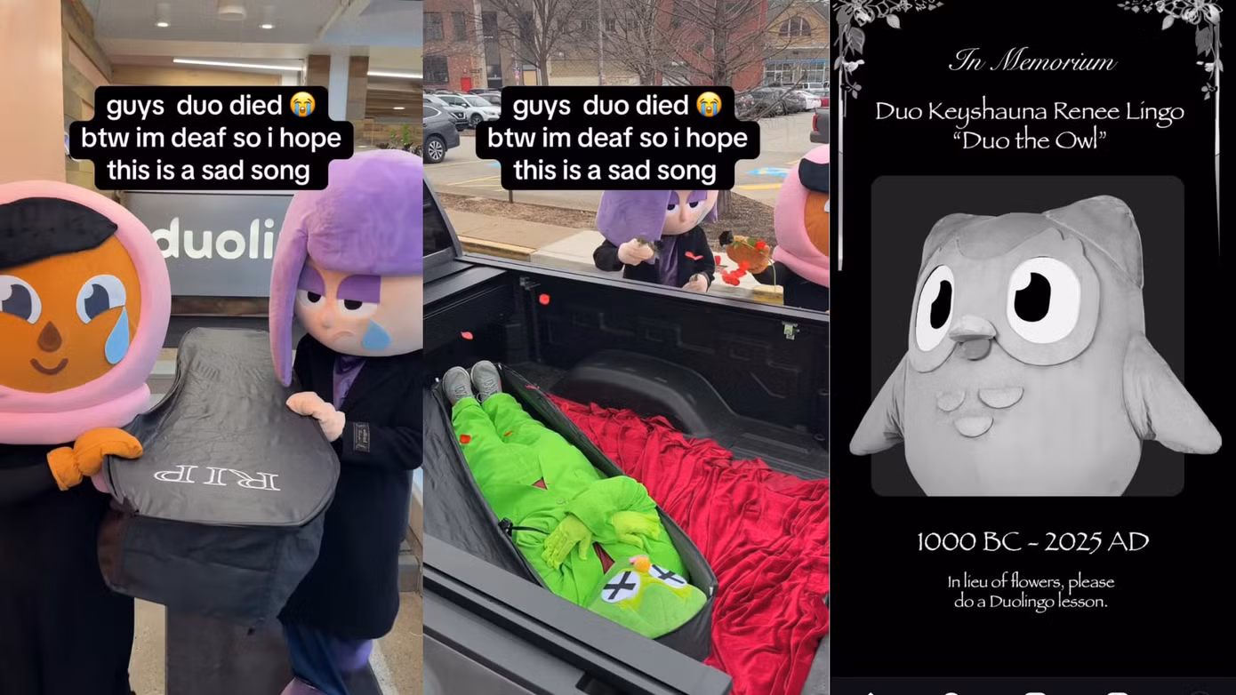Zari và Lily đặt quan tài của Duo vào phía sau xe bán tải. Ảnh: Instagram Duolingo