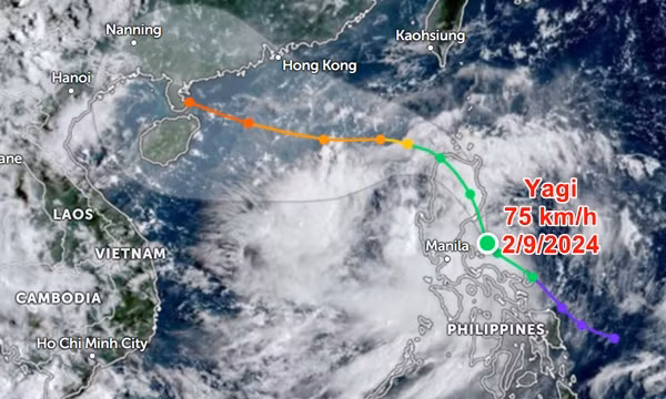 Vị trí hiện tại và đường đi dự báo đến ngày 7/9 của bão Yagi. Ảnh: Zoom Earth, JMA. Vị trí hiện tại và đường đi dự báo đến ngày 7/9 của bão Yagi. Ảnh: Zoom Earth, JMA.