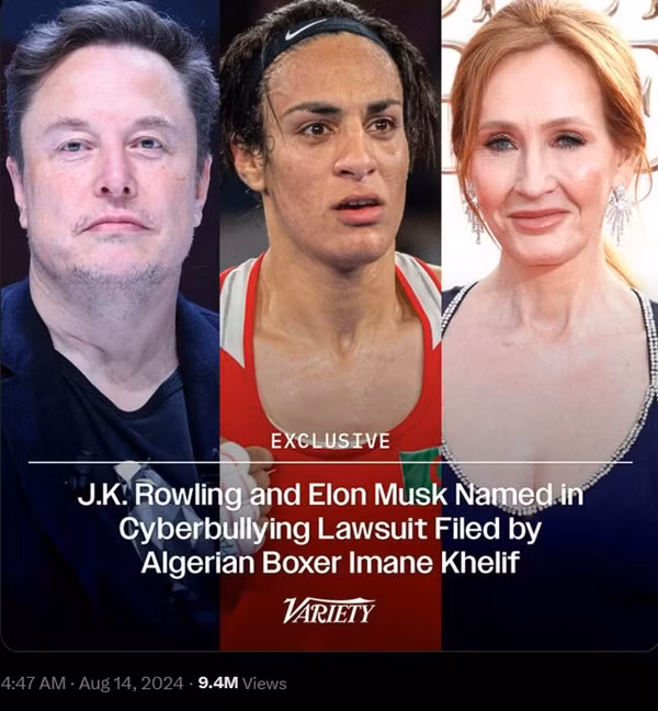 Tiết lộ của trang Variety về việc Khelif "chỉ mặt gọi tên" Elon Musk và J.K. Rowling trong đơn khiếu nại đã được xem gần 10 triệu lượt, với hơn 73.000 lượt thích, dù mới đăng. (Ảnh chụp màn hình X).