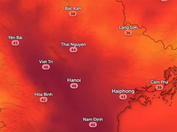 Nhiệt độ cảm nhận ở một số tỉnh thành miền Bắc vào chiều nay, 29/5. Ảnh: Zoom Earth, OpenStreetMap. Nhiệt độ cảm nhận ở một số tỉnh thành miền Bắc vào chiều nay, 29/5. Ảnh: Zoom Earth, OpenStreetMap.