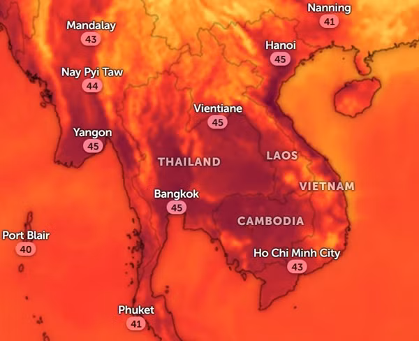Nhiệt độ rất cao ở nhiều thành phố tại Đông Nam Á vào chiều thứ Năm, 25/4. Ảnh: Zoom Earth, OpenStreetMap. Nhiệt độ rất cao ở nhiều thành phố tại Đông Nam Á vào chiều thứ Năm, 25/4. Ảnh: Zoom Earth, OpenStreetMap.