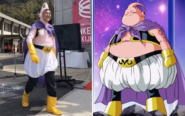 Ông Ishiba (ảnh trái) mặc đồ cosplay nhân vật Majin Buu tốt (ảnh phải) trong truyện "7 viên ngọc rồng". Ảnh: Glamaqveen; Dragonball Wiki.