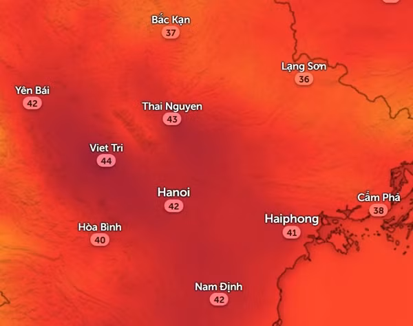 Nhiệt độ cảm nhận ở một số tỉnh thành miền Bắc vào chiều nay, 8/7. Ảnh: Zoom Earth, OpenStreetMap.