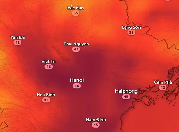 Nhiệt độ cảm nhận ở một số tỉnh thành miền Bắc vào chiều nay, 18/6. Ảnh: Zoom Earth, OpenStreetMap.