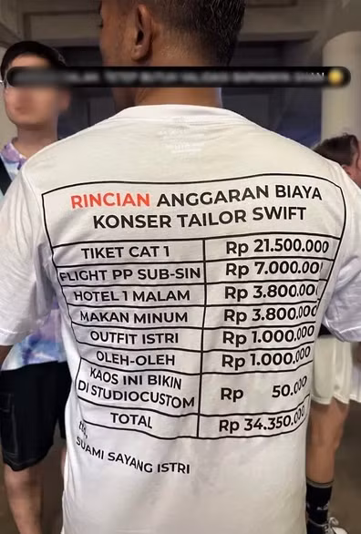 Bảng kê chi phí đưa vợ đi xem Taylor Swift biểu diễn. Ảnh: Instagram.