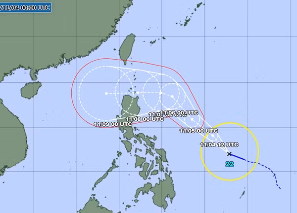 Dự báo của JMA về đường đi của bão Yinxing. Ảnh: JMA.