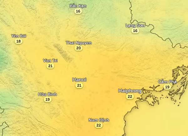 Nhiệt độ cảm nhận ở một số tỉnh thành miền Bắc vào chiều nay, 19/12. Ảnh: Zoom Earth, OpenStreetMap, ICON.
