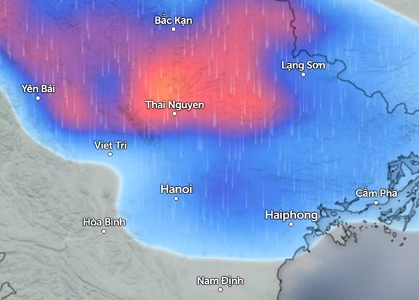 Dự báo mưa ở một số tỉnh thành miền Bắc vào đêm thứ Bảy, rạng sáng Chủ Nhật (màu xanh da trời là mưa nhỏ đến vừa, màu đỏ là mưa vừa đến mưa to). Ảnh: Zoom Earth, OpenStreetMap. Dự báo mưa ở một số tỉnh thành miền Bắc vào đêm thứ Bảy, rạng sáng Chủ Nhật (màu xanh da trời là mưa nhỏ đến vừa, màu đỏ là mưa vừa đến mưa to). Ảnh: Zoom Earth, OpenStreetMap.