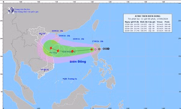 Dự báo của Trung tâm Dự báo Khí tượng Thủy văn Quốc gia nước ta trong bản tin lúc 11h ngày 17/9. Ảnh: NCHMF.