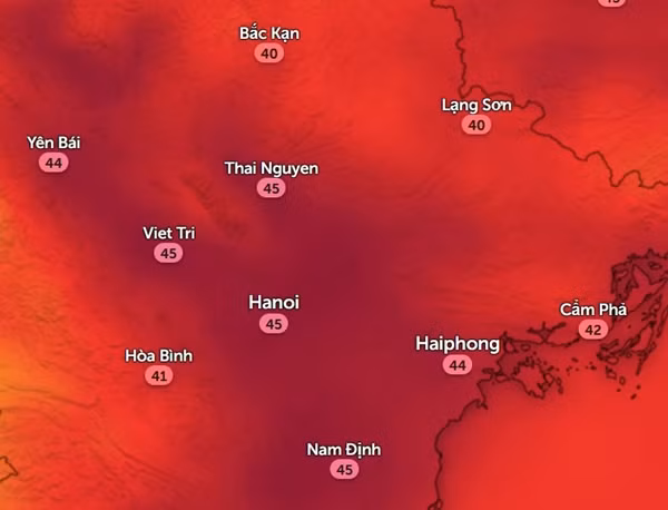 Nhiệt độ cảm nhận ở một số tỉnh thành miền Bắc vào trưa và chiều nay, 14/6. Ảnh: Zoom Earth, OpenStreetMap. Nhiệt độ cảm nhận ở một số tỉnh thành miền Bắc vào trưa và chiều nay, 14/6. Ảnh: Zoom Earth, OpenStreetMap.