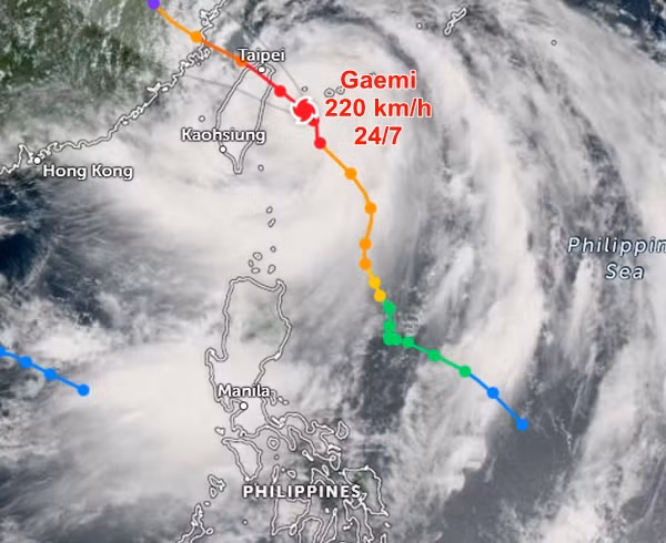 Vị trí và dự báo đường đi của bão Gaemi (Carina) vào sáng nay, 24/7. Ảnh: Zoom Earth. Vị trí và dự báo đường đi của bão Gaemi (Carina) vào sáng nay, 24/7. Ảnh: Zoom Earth.