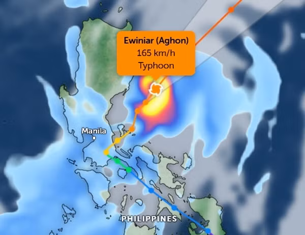 Vị trí hiện tại và đường đi của bão Ewiniar (Aghon). Ảnh: Zoom Earth, JMA.