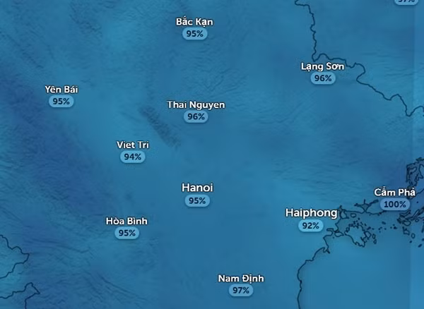 Độ ẩm ở một số tỉnh thành miền Bắc vào sáng nay, 18/3. Ảnh: Zoom Earth, OpenStreetMap.