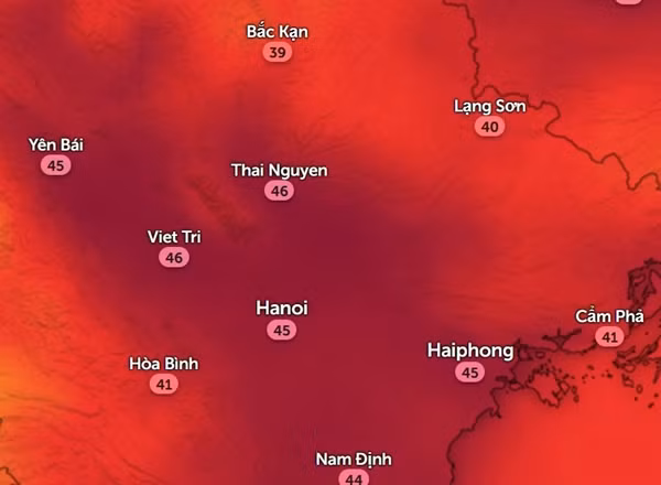 Nhiệt độ cảm nhận ở một số tỉnh thành miền Bắc vào chiều nay, 13/6. Ảnh: Zoom Earth, OpenStreetMap.