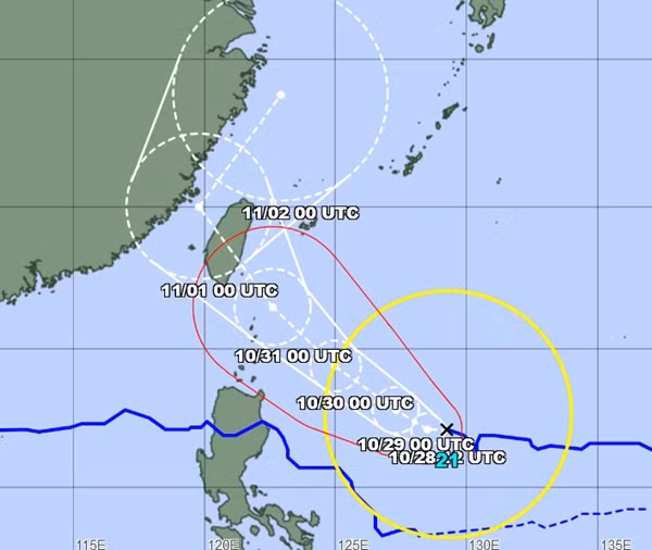 Dự báo của JMA cho thấy bão Kong-rey có khả năng trở thành cơn bão số 7 (theo cách đặt số hiệu của nước ta). Ảnh: JMA. Dự báo của JMA cho thấy bão Kong-rey có khả năng trở thành cơn bão số 7 (theo cách đặt số hiệu của nước ta). Ảnh: JMA.