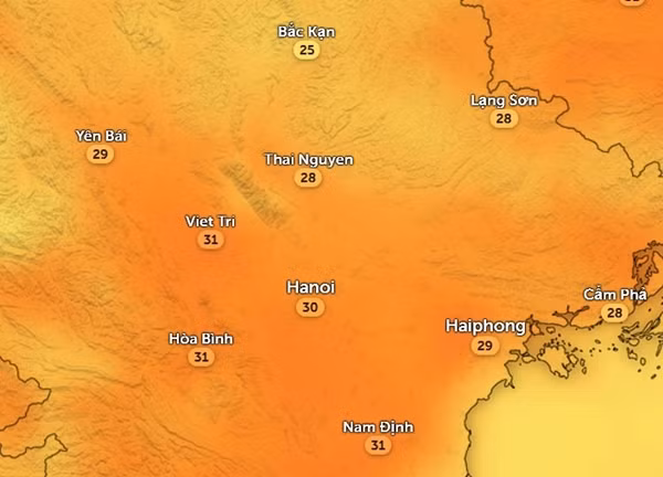 Nhiệt độ ở một số tỉnh thành Bắc Bộ vào chiều mai. Ảnh: Zoom Earth, OpenStreetMap.