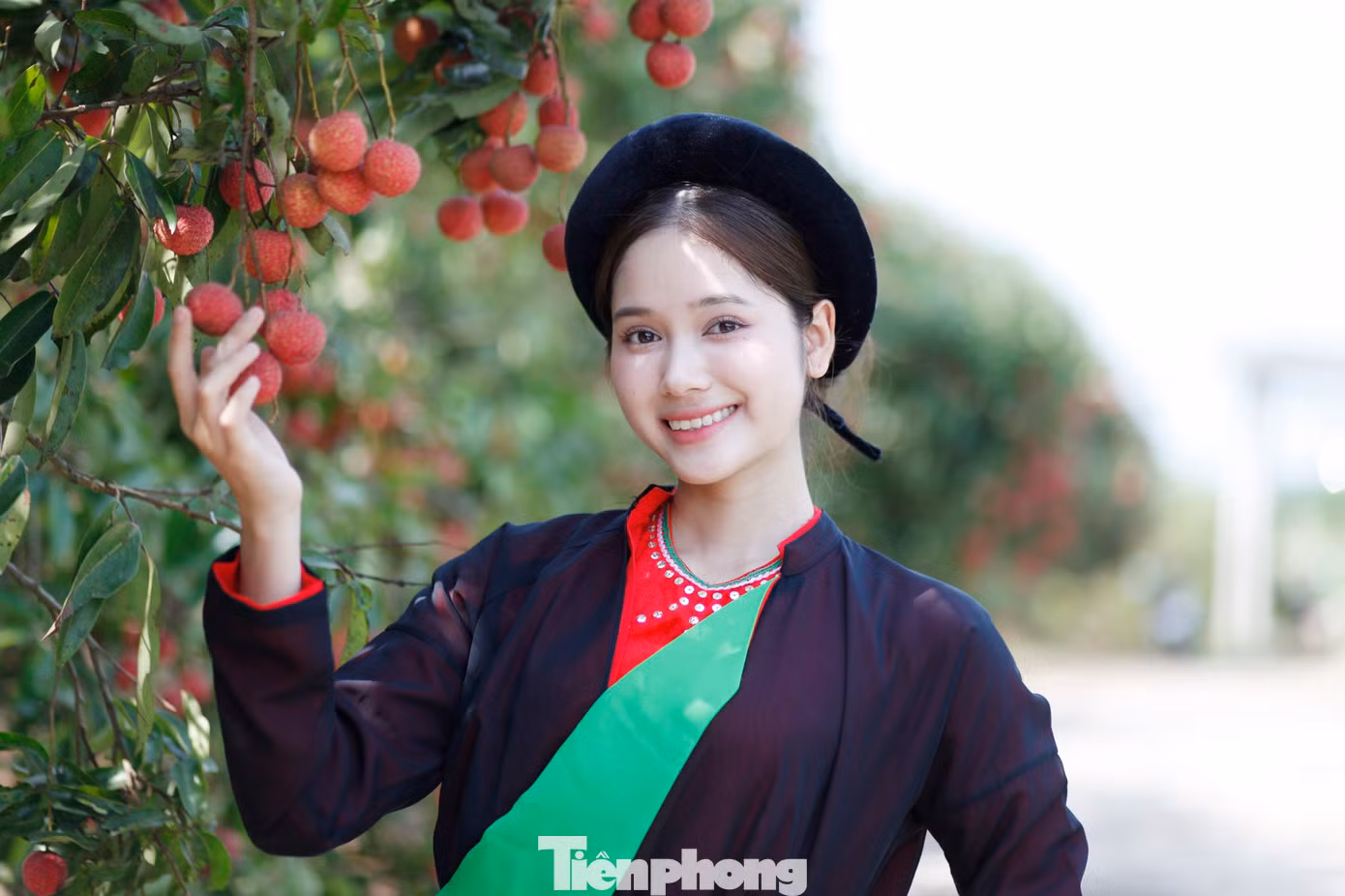 Nhiều bạn trẻ thích thú chụp ảnh với vườn vải thiều chín đỏ ở huyện Lục Ngạn và thị xã Chũ (tỉnh Bắc Giang). Ảnh: Nguyễn Thắng