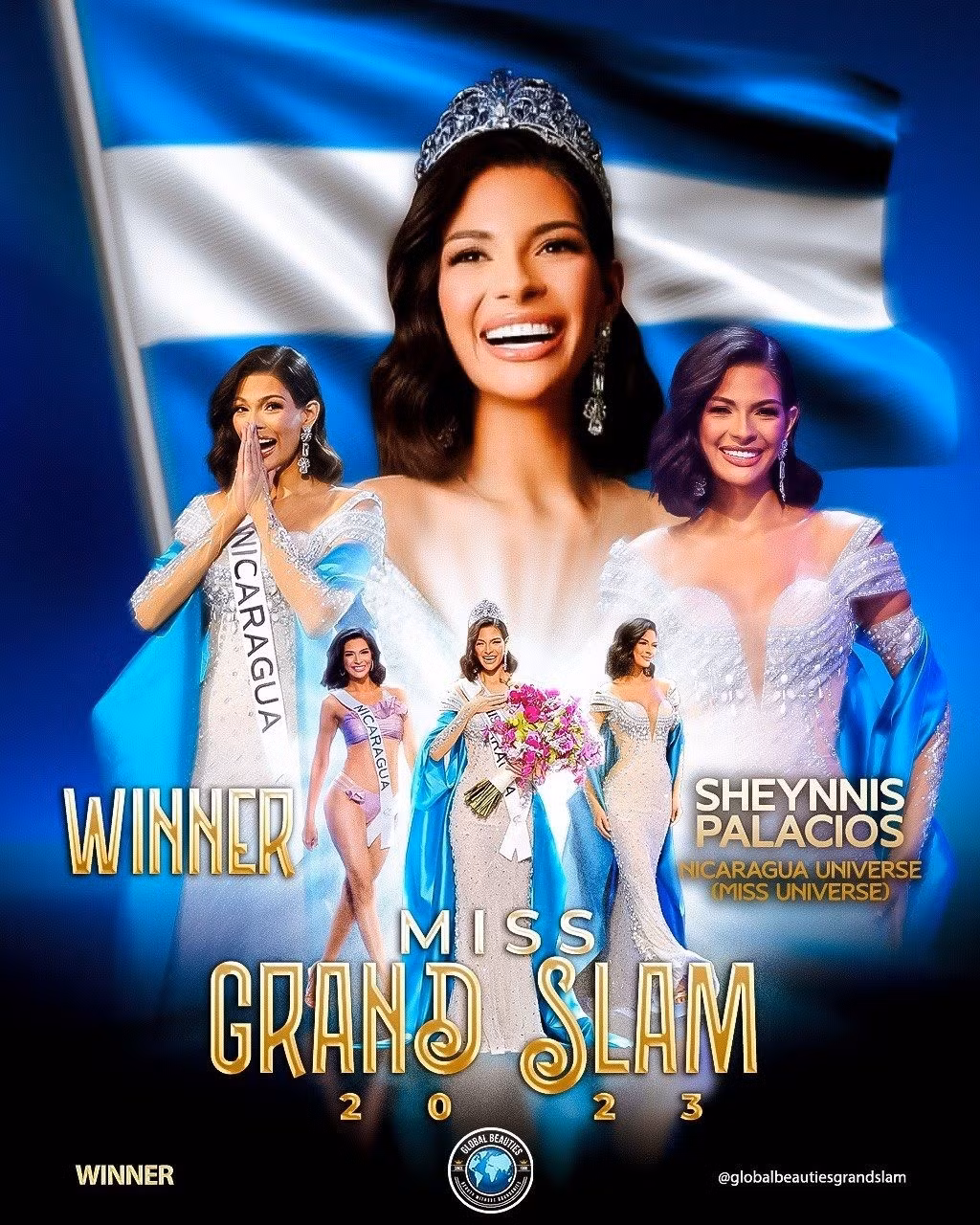 Năm 2023, người đẹp giành giải thưởng Miss Grand Slam - Hoa hậu đẹp nhất Thế giới là Hoa hậu Hoàn vũ 2023 Sheynnis Palacios.