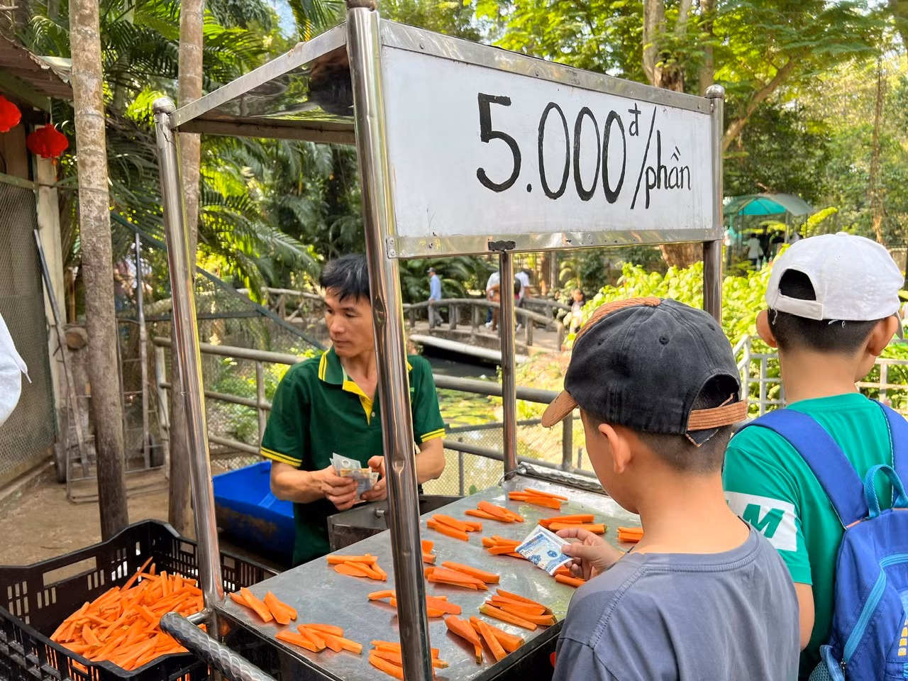 Nhân viên Thảo Cầm Viên Sài Gòn chuẩn bị sẵn đồ ăn như cà rốt, mía, cỏ... để du khách mua cho thú ăn, mỗi phần có giá chỉ 5.000 đồng. Nhân viên Thảo Cầm Viên Sài Gòn chuẩn bị sẵn đồ ăn như cà rốt, mía, cỏ... để du khách mua cho thú ăn, mỗi phần có giá chỉ 5.000 đồng.