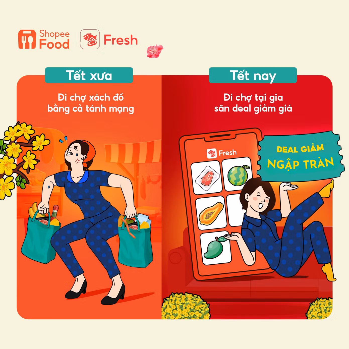 Tuy nhiên khác với mọi năm, cả hai cô nàng đều tìm thấy “lời giải stress” với ứng dụng đặt món và đi chợ ShopeeFood vào mùa Tết năm nay.