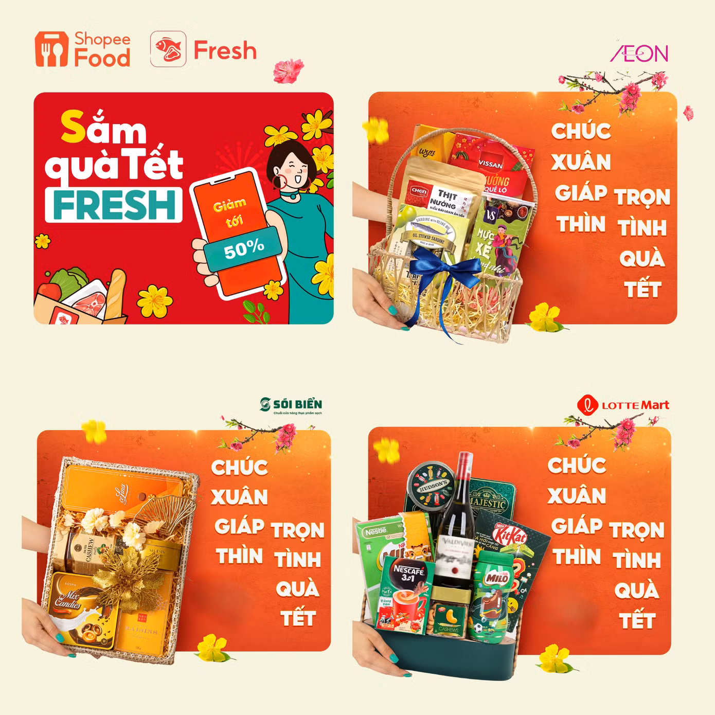 Công cuộc săn tìm quà Tết vừa “hợp nhãn” lại vừa hợp túi tiền cũng không còn khó khăn với hàng loạt gợi ý giảm đến 50% từ AEON, Sói Biển, Lotte Mart, Co.op Mart, Morning Fruit, G-Kitchen…