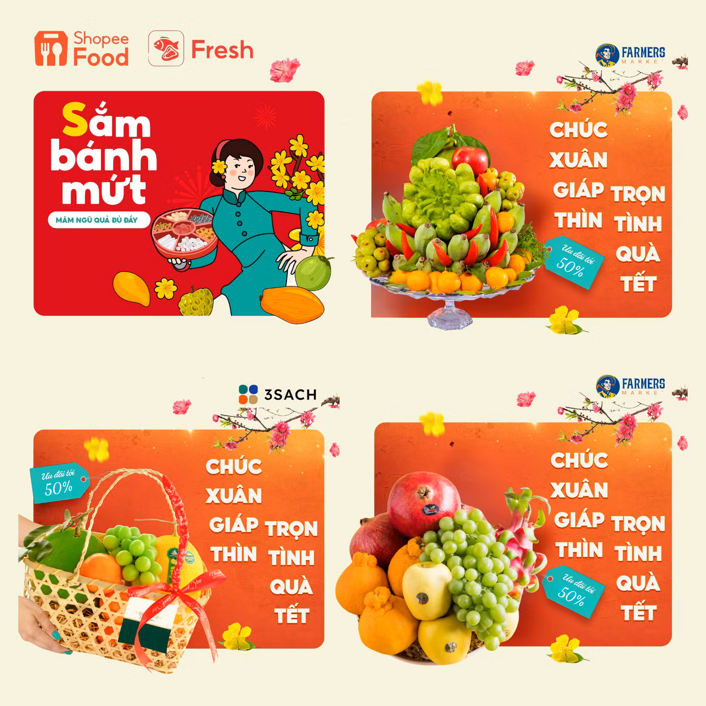 Từ nay đến hết ngày 10.2, người dùng có thể tận hưởng ưu đãi giảm đến 50% khi mua mâm ngũ quả của các thương hiệu như Farmer’s Market, 3Sach Market… từ ShopeeFood.