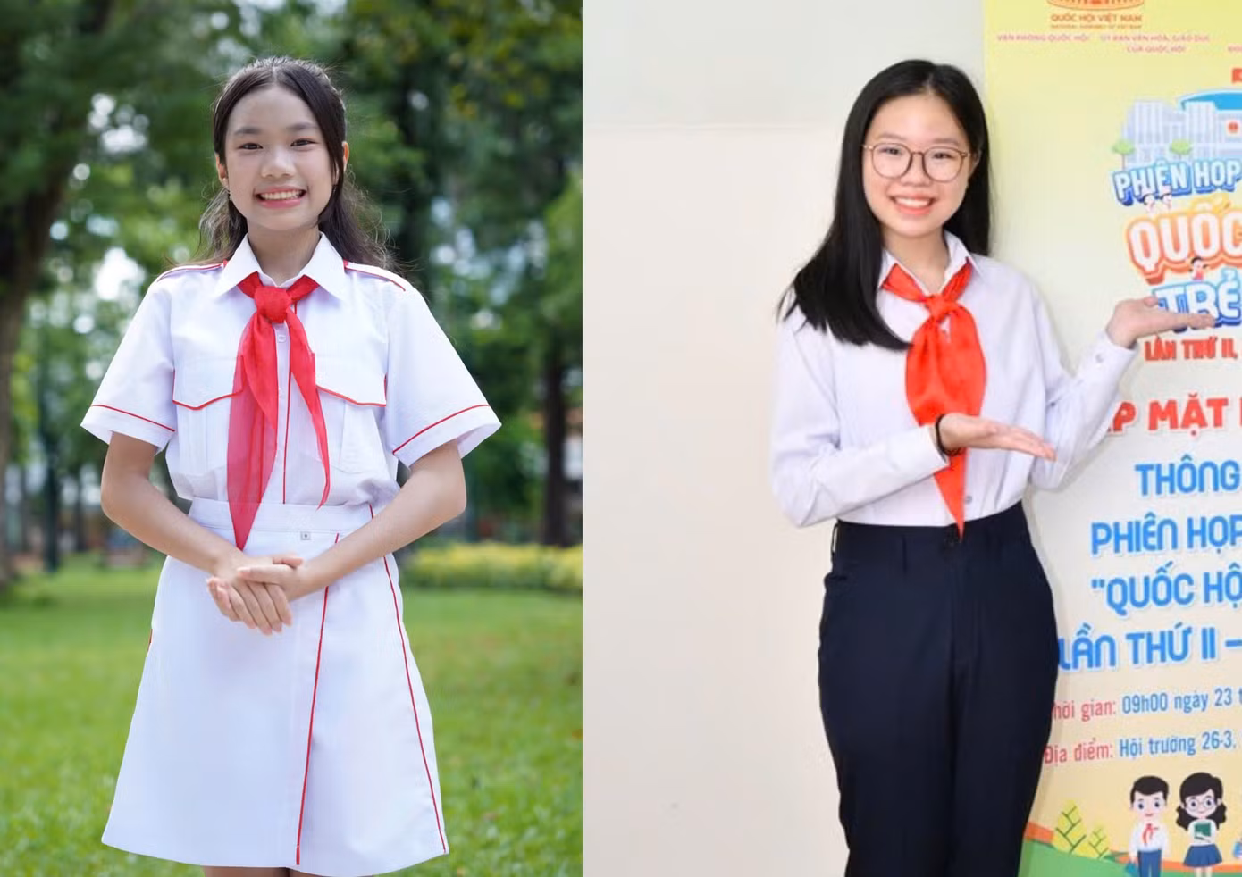 Em Nguyễn Khánh Vân (bên trái) và em Nguyễn Thủy Tiên (bên phải)