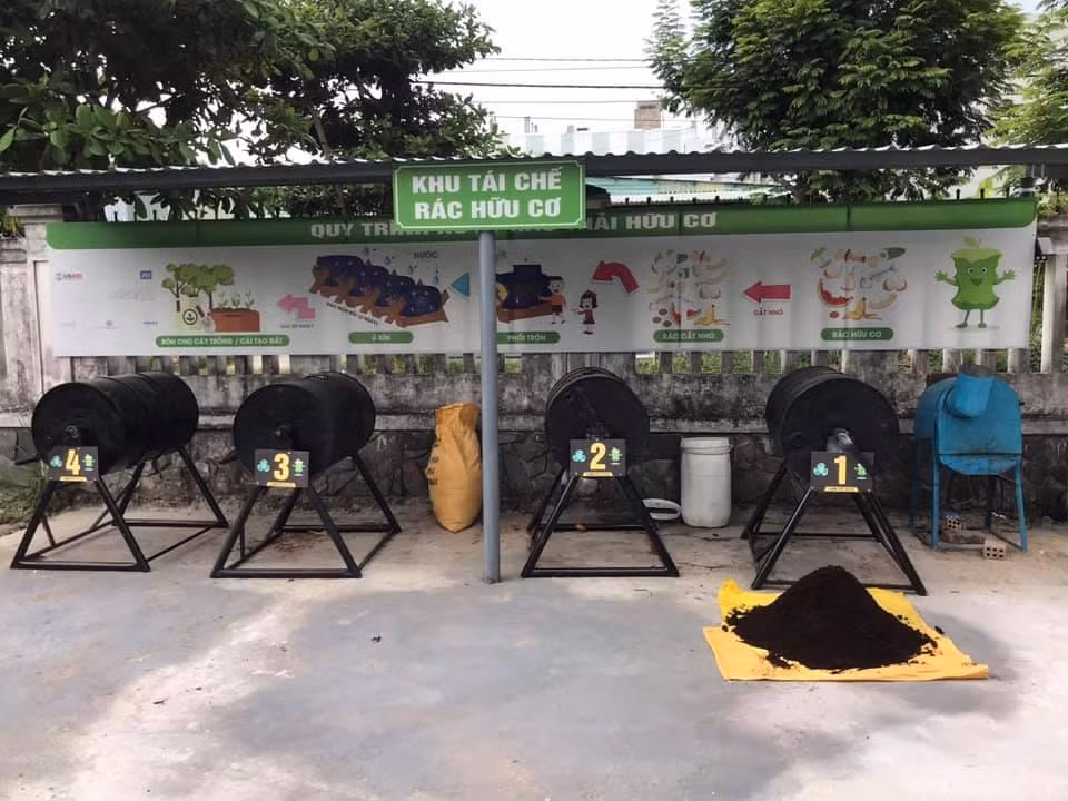 Quy trình xử lý và mô hình thực tế tái chế rác hữu cơ tại trường.