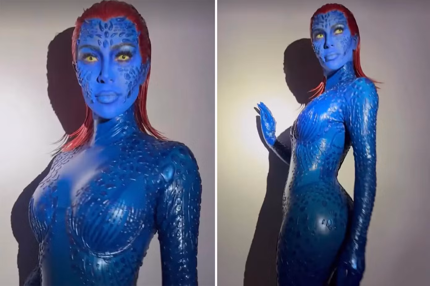 Kim Kardashian tự "nhuộm" xanh mình khi hóa thân thành nhân vật Mystique trong "X-Men".