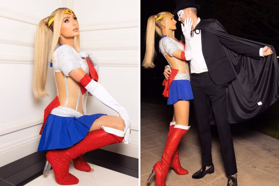 Paris Hilton tiếp tục chứng tỏ khả năng biến hóa của mình qua nhân vật Thủy thủ Mặt trăng nổi tiếng bên anh chồng Tuxedo mặt nạ. Với mái tóc vàng sẵn có và nhan sắc không tuổi, màn hóa trang này của Paris nhận về cơn mưa lời khen từ cộng đồng mạng.