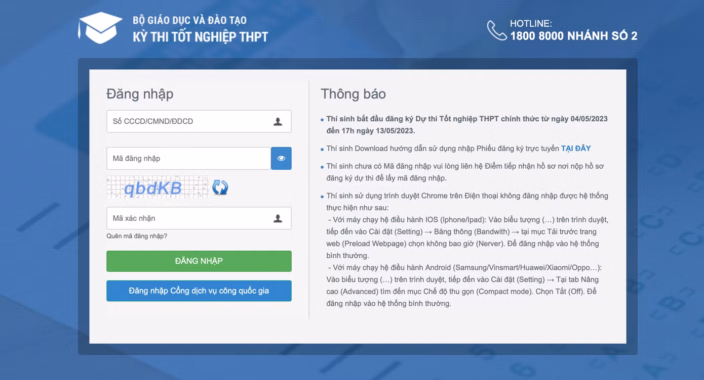 Thí sinh truy cập vào website http://thisinh.thitotnghiepthpt.edu.vn/, đăng nhập tài khoản của mình để đăng ký thi Tốt nghiệp THPT 2023. Thí sinh truy cập vào website http://thisinh.thitotnghiepthpt.edu.vn/, đăng nhập tài khoản của mình để đăng ký thi Tốt nghiệp THPT 2023.
