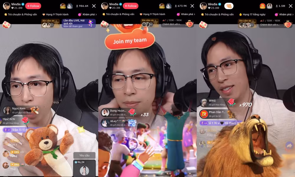 ViruSs liên tục nhận được quà tặng trong phiên live, doanh thu đáng kể. ViruSs liên tục nhận được quà tặng trong phiên live, doanh thu đáng kể.