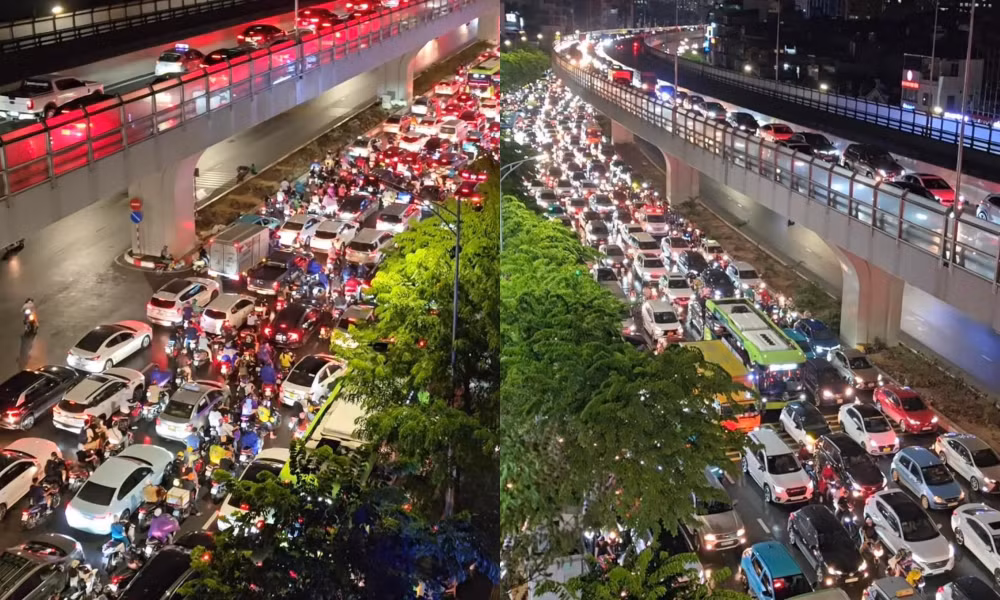 Mưa dông kéo đến vào giờ tan tầm khiến nhiều con đường tại Hà Nội ùn tắc nghiêm trọng trong ngày 13/8.