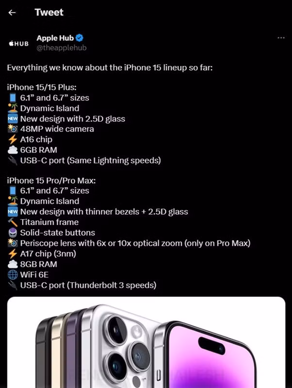Bài đăng tiết lộ về iPhone 15 của Apple Hub.