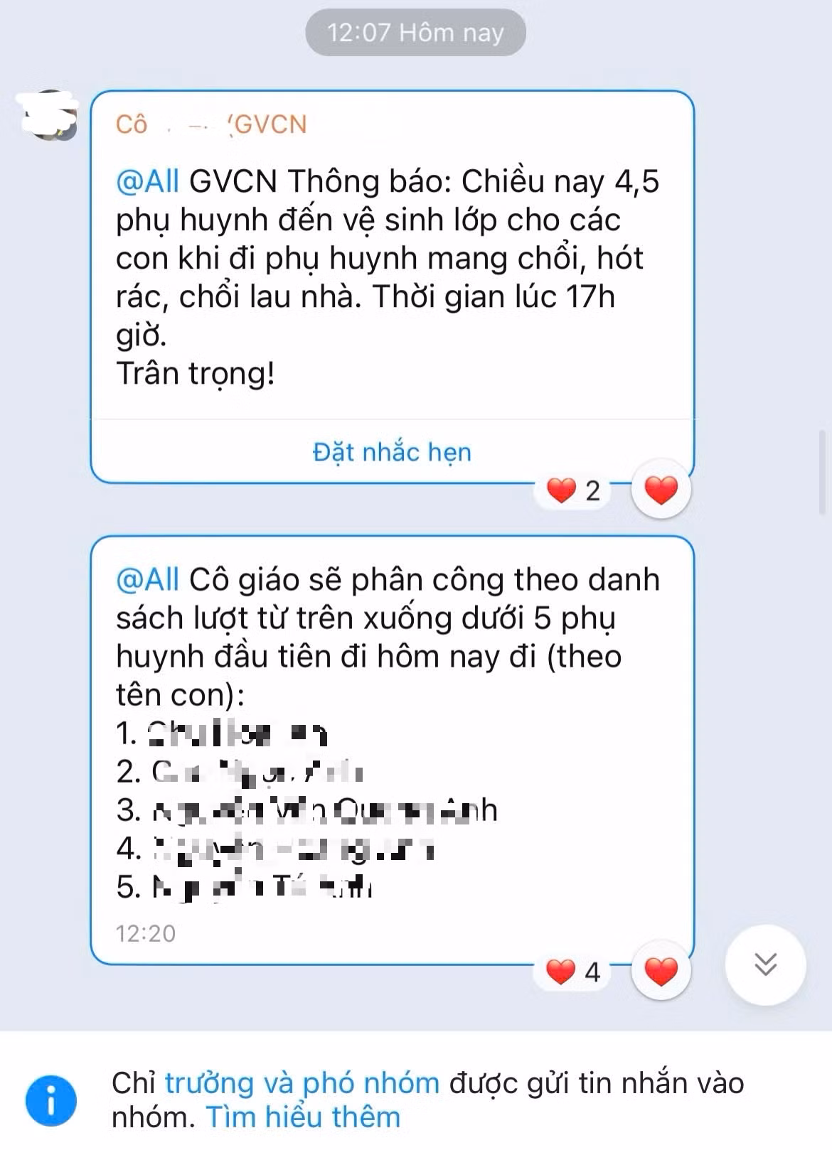 Cô giáo phân công phụ huynh tới lớp trực nhật. (Ảnh chụp màn hình) Cô giáo phân công phụ huynh tới lớp trực nhật. (Ảnh chụp màn hình)
