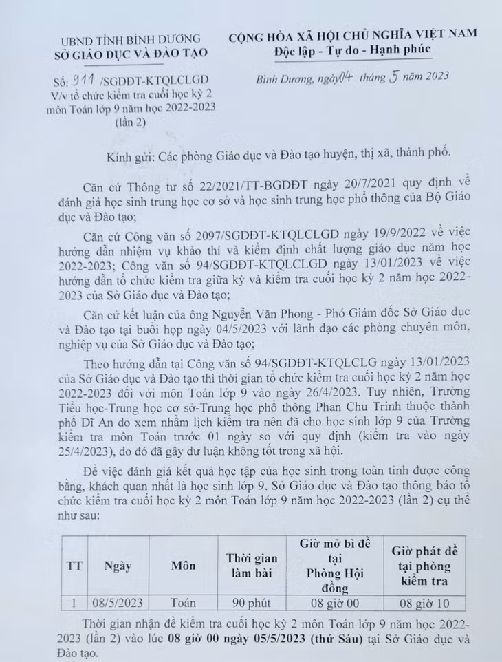 Thông báo thi lần 2 môn Toán lớp 9 của Sở GD&amp;ĐT tỉnh Bình Dương.