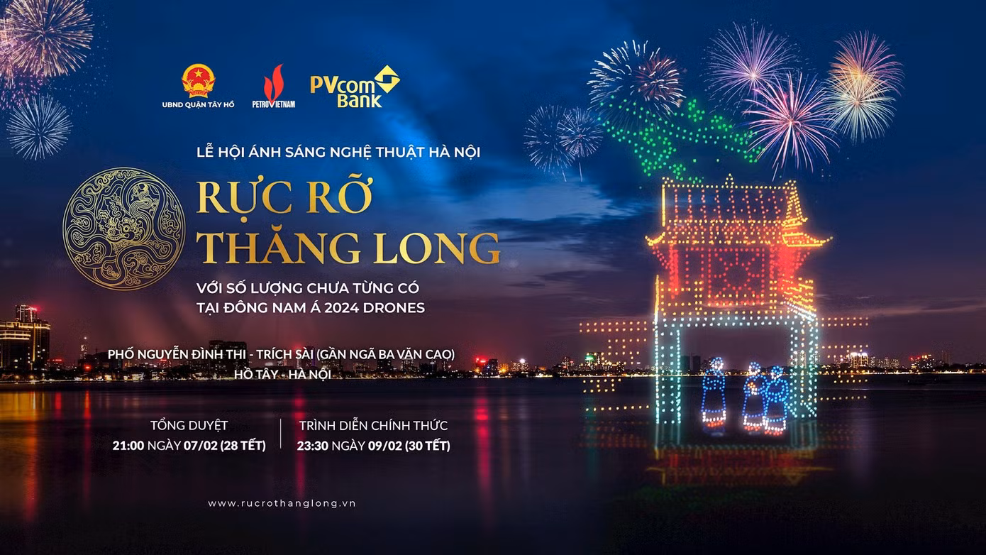Lễ hội ánh sáng nghệ thuật Hà Nội - Rực rỡ Thăng Long được trình diễn bằng 2.024 máy bay không người lái (drone) trong đêm Giao thừa.