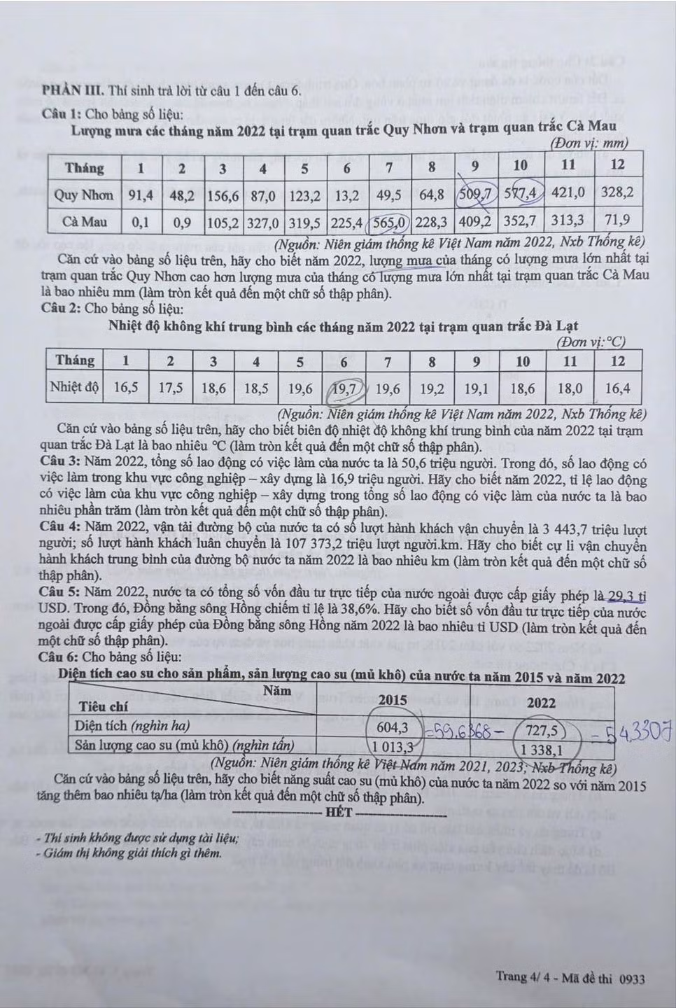 Đề thi môn Địa lí - mã đề 0933.