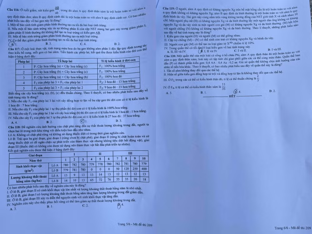 Đề thi môn Sinh học mã đề 209. Đề thi môn Sinh học mã đề 209.