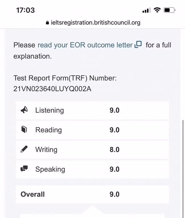 Bảng điểm IELTS được cho là của thầy Kiên.